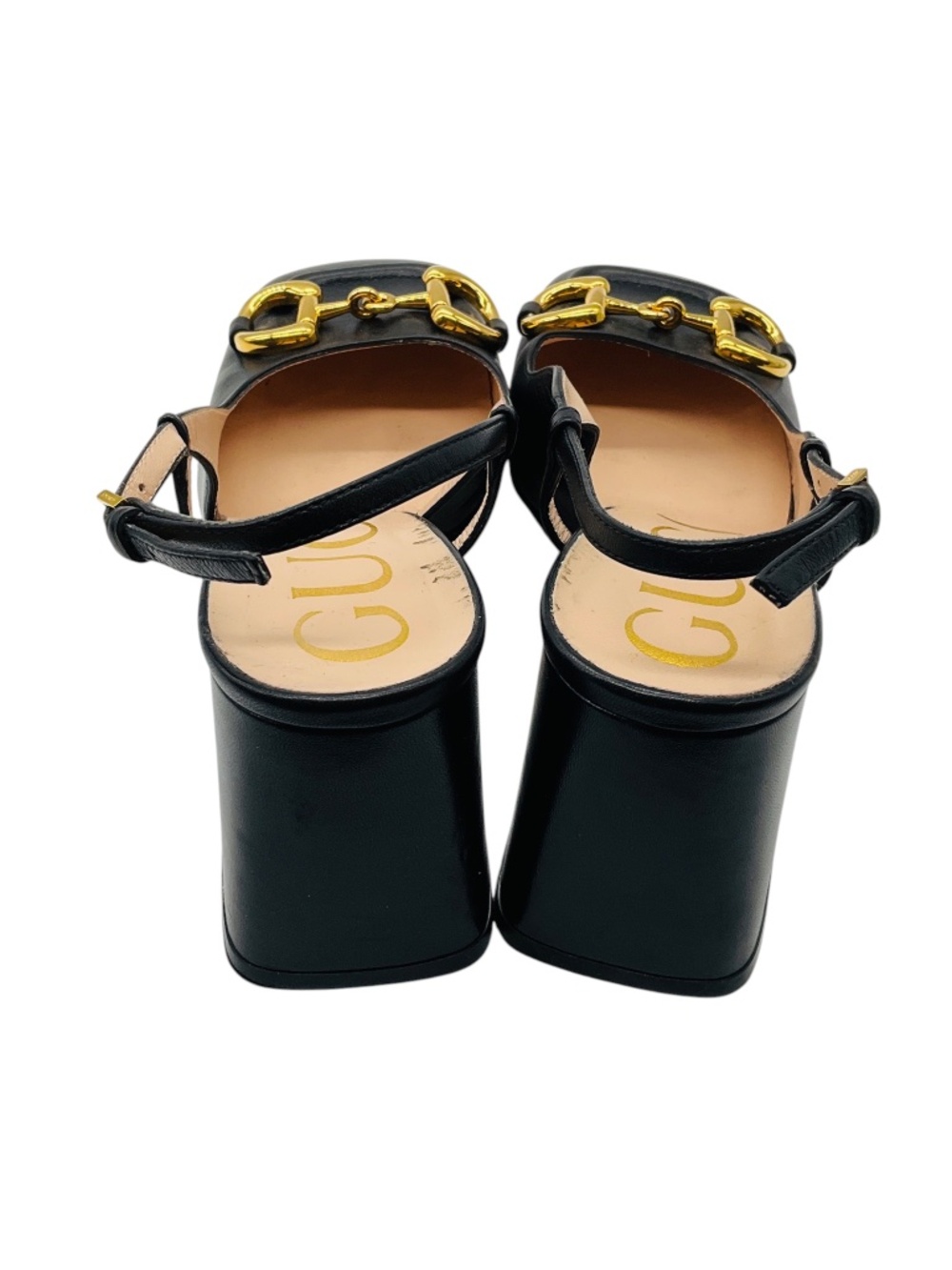 GUCCI BLACK / GOLD HORSEBIT DETAIL SQUARE TOE LEATHER SLINGBACK PUMPS - Picture 5 of 7